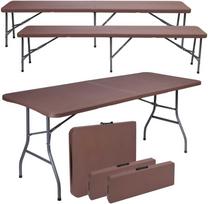 Lauko baldų komplektas Maitinimo komplektas Rotango rudas stalas 180 cm + 2 suolai