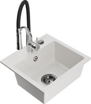 Granitinė virtuvinė plautuvė Mexen Milo su maišytuvu ir sifonu, White/Black/Chrome
