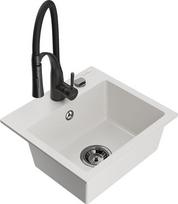 Granitinė virtuvinė plautuvė Mexen Milo su maišytuvu ir sifonu, White+Black