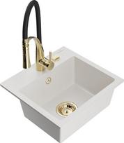 Granitinė virtuvinė plautuvė Mexen Milo su maišytuvu ir sifonu, White+Black/Gold