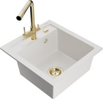 Granitinė virtuvinė plautuvė Mexen Vito su maišytuvu ir sifonu, White+Gold