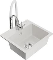 Granitinė virtuvinė plautuvė Mexen Milo su maišytuvu ir sifonu, White/Chrome