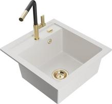Granitinė virtuvinė plautuvė Mexen Vito su maišytuvu ir sifonu, White+Black/Gold