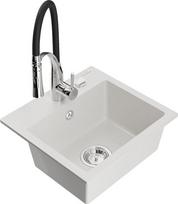 Granitinė virtuvinė plautuvė Mexen Milo su maišytuvu ir sifonu, White/Black/Chrome