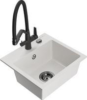 Granitinė virtuvinė plautuvė Mexen Milo su maišytuvu ir sifonu, White/Black