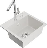 Granitinė virtuvinė plautuvė Mexen Milo su maišytuvu ir sifonu, White/Chrome