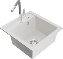 Granitinė virtuvinė plautuvė Mexen Vito su maišytuvu ir sifonu, White+Grey/Chrome