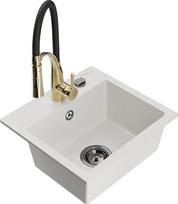 Granitinė virtuvinė plautuvė Mexen Milo su maišytuvu ir sifonu, White/Black/Gold
