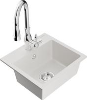 Granitinė virtuvinė plautuvė Mexen Milo su maišytuvu ir sifonu, White/Chrome