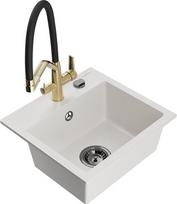 Granitinė virtuvinė plautuvė Mexen Milo su maišytuvu ir sifonu, White/Black/Gold