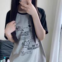 Girls Y2K T-shirts Loose Large Size Tees For Women's T-shirts Cute Cartoon Printed T-shirts Female Athletic Casaul Tops Round Neck Short Sleeve Tees XXL gray