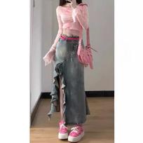 Retro Irregular Mid-length Denim Skirt for Women In Summer New Wave Slit High Waist Fishtail Skirt S