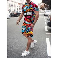 Hip Hop Style Personality Cartoon 3D Printed Men's Round Neck Short Sleeve 2 Fashionable Street Sports All-match Men's Suit S
