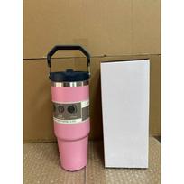 Naujas H2.0 puodelis daugiaspalvis su rankena ir šiaudeliu, 30oz |Kelioninis puodelio laikiklis|Izoliuotas nerūdijančio plieno puodelis|Be BPA|Kremas 30oz rožinė
