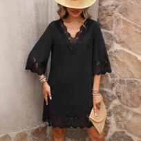 Women Loose High Waist A Line Summer Dress V Neck Lace Burnt Flower Half Sleeve Solid Color Sizes S XL S juoda