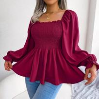Summer Women Chiffon Shirt Long Sleeve Square Neck Solid Color Tops with Wooden Ears S bordinė