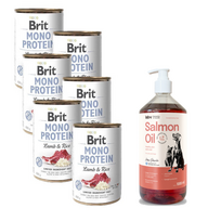 BRIT MONO BALTYMŲ JĖGŪNAS IR RUDONIEJI RYŽIAI 6x400g + LAB V Lašišų aliejus šunims ir katėms 1000ml
