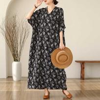 Literary Retro Vacation Style Travel Plus Covered Meat V-Neck Dresses One Size juoda