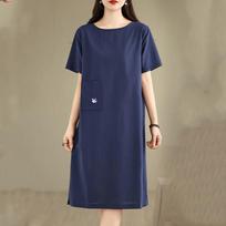 Short sleeve Plus size Cotton vintage embroidery new in dresses for women casual loose midi summer dress M tamsiai mėlyna spalva