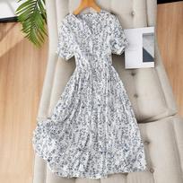 New Chinese style small floral pure cotton dress women's short-sleeved summer new elegant temperament medium and long dress M