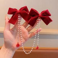 Sweet Princess Style Pink Pearls Chain Bow Hair Clip Women Children's Cute Back Head Hairpins Hair Clips Girls Hair Accessories One Size