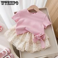 Girls' Summer Base Shirt Children's Korean with Fungus Edge Top Baby's Solid Color Casual T-shirt+skirt Two-piece Set 90