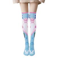 Japanese Anime Lolita Thigh High Stockings Women Girls Sweet Kawaii Cartoon Rabbit for Cat Geometry Striped Print Cosplay Over One Size
