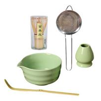 5 vnt. japoniškas matcha arbatos rinkinys: ąsotis, matcha dubenėlis, bambukinis šluotelė balta