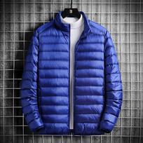Men's Ultra-Light Silk Cotton Jacket with Stand-Up Collar and Hood - Large Size, Autumn/Winter 2024 Collection XL mėlyna