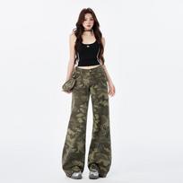 Karinės Camouflage Kelnės Moteriškos Laisvos Plačios Kojos Džinsai Amerikietiško Retro Aukšto Stiliaus Rudens Naujiena XS žalia