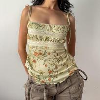 Retro Floral Print Lace Stitching Sling Strapless Slim-fit Vest L žalia