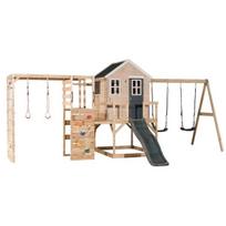 Medinė vaikų žaidimų aikštelė su čiuožykla, sūpynėmis, laipiojimo sienele, Wendi Toys M28G-G, pilka, 342 x 563 x 242 cm