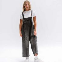 Moteriškos džinsinio audinio kombinezonai su plėšytu „Baggy Jean Jumpsuit Romper“ kelnės su kišenėmis gatvės aprangai XL juoda