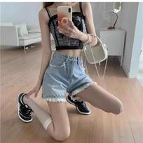 Hot Girl Denim Shorts Summer Sexy Lace Rhinestone High Waist Short Pants M mėlyna