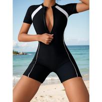 Simple Color-Block One-Piece Swimsuit, Water Sports Safety Half-Zip Surfing Suit, High-Performance Competitive Women's Swimwear S juoda