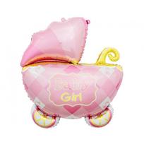 Folinis forminis balionas su kūdikio vežimėliu ir užrašu "Baby girl", rožinis (60x60cm)