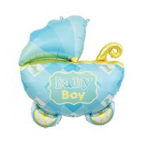 Folinis forminis balionas su kūdikio vežimėliu ir užrašu "Baby boy", žydras (60x60cm)