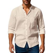 Medvilnės Lino Marškiniai Vyrams Henley Apykaklė Vientisos Spalvos Lengvi Kvėpuojantys Slim Fit Vienaeiliai Marškiniai Ilgomis Rankovėmis Užsegami Sagomis S smėlis