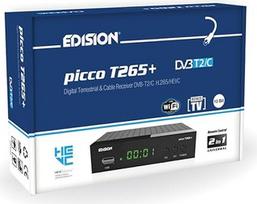 "Edision Picco T265+" antžeminis DVB-T2 ir kabelinis DVB-C imtuvas, H265 HEVC, FTA Full HD PVR, USB, HDMI, SCART, S/PDIF, IR, USB WiFi palaikymas, universalus nuotolinio valdymo pultas "2-in-1", juodas