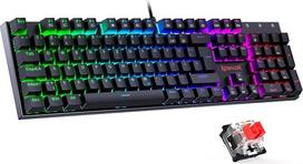 "Redragon" mechaninė žaidimų klaviatūra, QWERTZ klaviatūra (vokiškas išdėstymas) su raudonu jungikliu kompiuteriniams žaidėjams, 105 programuojami klavišai, laidinė klaviatūra, plieninis korpusas, RGB apšvietimas