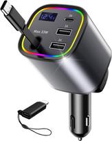 AGEMANY USB cigarečių žiebtuvėlio adapteris 78 W, 4 in 1 automobilinis įkroviklis Cigarečių žiebtuvėlis USB C greitasis įkroviklis Automobilinis mobiliojo telefono įkroviklis, ištraukiamas su RGB šviesa iPhone Android, automobilių priedai (pilka)