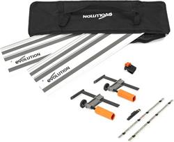 Evolution ST1400-G2 kreipiančiosios bėgeliai diskiniams pjūklams Universalūs tinka daugumai "Makita", "Metabo Bosch", "Festool" gamintojų, 1,4 m (2 x 700 mm) savaime išsilyginantys jungiamieji bėgeliai, galinių ribotuvų priedai