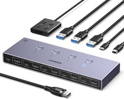 UGREEN HDMI 2.1 KVM jungiklis 4 įėjimai 1 išėjimas 8K @ 60Hz USB 3.0 jungiklis 4 prievadai (3 x USB A + USB C) 1 monitoriaus ir klaviatūros, pelės, spausdintuvo, U disko bendrinimas 2 kompiuteriams