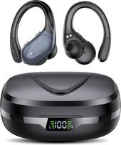 "Bluetooth 5.3" sporto ausinės, 60H su įkrovimo dėklu, LED ekranas, ENC HD skambutis, belaidės ausinės su ausų kabliukais, gilūs bosai, patogus prigludimas, IPX7 vandeniui atsparios bėgimo ausinės (juodos spalvos)