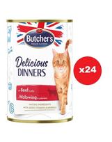 BUTCHER'S Delicious Dinners, ėdalas katėms, gabalėliai su jautiena drebučiuose 24 x 400g