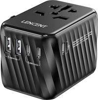 LENCENT universalus kelionių adapteris, tarptautinis adapteris su 5,6 A 3 USB C 2 USB A prievadais, sieninis įkroviklis, skirtas kelionėms iš JAV į ES, JK, Airiją, Australiją (C/G/A/I tipo), juodas