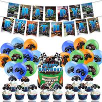 34Pcs Party Decor Set Banner Cake Toppers Balloon For Monster Truck Themed Party