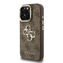 Guess PU 4G Metal Logo Stand Camera Frame dėklas skirtas Apple iPhone 15 Pro Max rudos spalvos