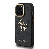 Guess PU 4G Metal Logo Stand Camera Frame dėklas skirtas iPhone 15 Pro juodos spalvos