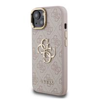 Guess PU 4G Metal Logo Stand Camera Frame dėklas skirtas Apple iPhone 15 rožinės spalvos
